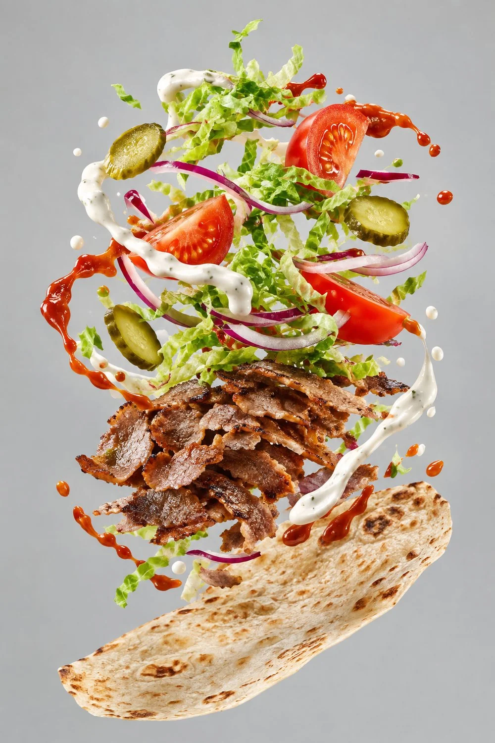 Steak-Döner mit Salat, Soßen und Fladenbrot