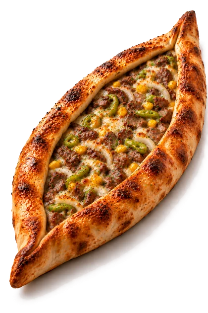 Pide EME'S Special with veal, peperoni, corn, onions and cheese